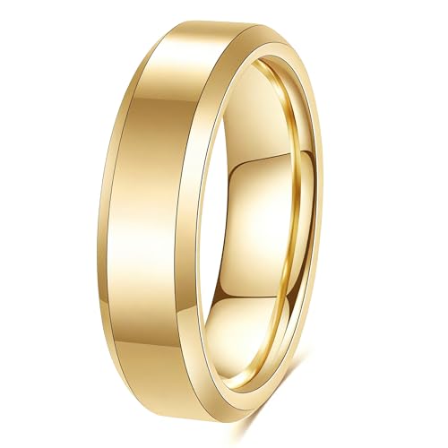 Stainless Steel Wedding Band Ring For Men Women | Sandblasted matte finish, 4mm/6mm/8mm widths, steel/black/gold-tone colors, everyday wear, wedding - color: Smooth-6mm-Gold