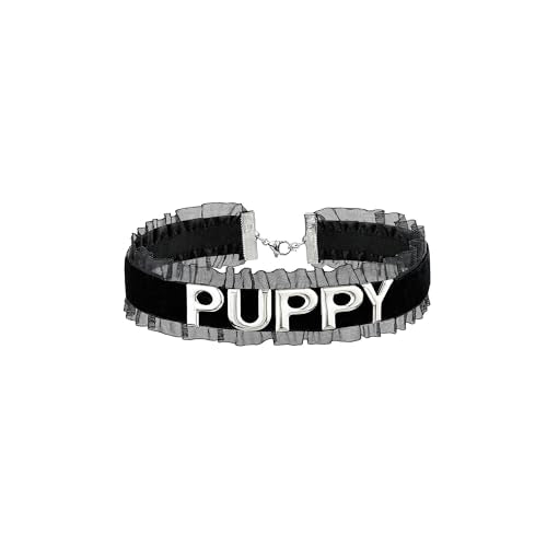 Women's Black Velvet Lace Letter Choker Collar for Halloween, 15-inch | Made of Velvet Lace Ribbon and Silver Letter Charms, Lobster-claw Closure, Daily Gothic Style, Avoid Water & Perfume - color: PUPPY