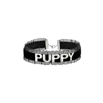 Women's Black Velvet Lace Letter Choker Collar for Halloween, 15-inch | Made of Velvet Lace Ribbon and Silver Letter Charms, Lobster-claw Closure, Daily Gothic Style, Avoid Water & Perfume - color: PUPPY