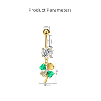 CZ Four Leaf Clove Belly Button Rings for Women Stainless Steel Green Crystal Belly Dangle Navel Piercing Barbell Studs Rings ST Patricks Day Irish Piercing Jewelry - color: Gold