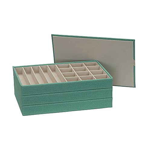 Household Essentials 3-Tier Jewelry Tray, Sturdy Chipboard With Polyester Linen Wrap, Polyester Felt Lining, Many Compartments for Easy Jewelry Access, Stackable, Stylish and Functional, Seafoam Green - color: Teal