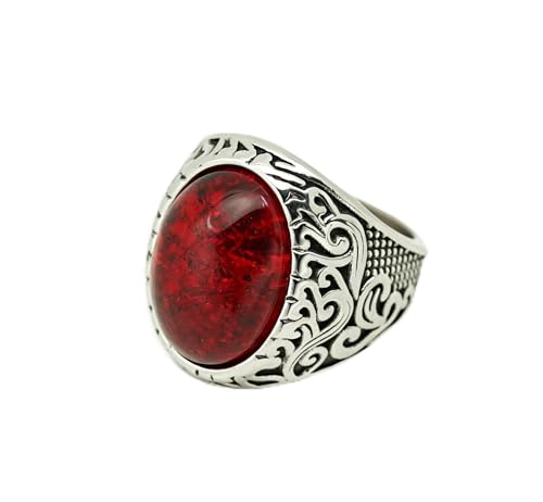 Stainless Steel Oval Gemstone Signet Ring with Vintage Scrollwork, Multi-Color Statement Jewelry for Men - color: Silver Red, size: 9