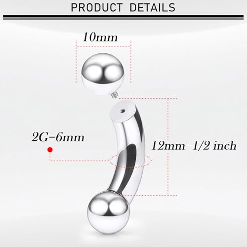 18G-00G Eyebrow Rings Internally Threaded Snake Eyes Piercing Jewelry Tongue Surgical Steel Curved Barbell Vertical Lip Labret Rook Daith Earrings Piercing Jewelry for Women Men 6mm-19mm - color: silver, size: 2G(6mm)-12mm barbells-10mm Balls