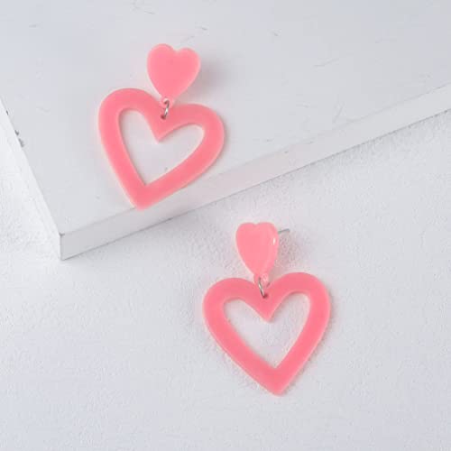 Set Heart Love Couple Colorful Stud Hoop Dangle Earrings 80 90s Retro Earrings Rectangle for Women Jewelry Gifts Geometric Valentine’s Day Neon Bright Fluorescence Costume - color: light pink