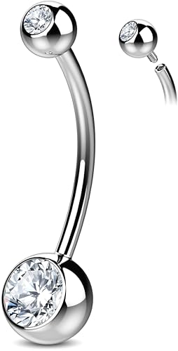 Internally Threaded Belly Button Ring G23 Titanium with Grade AAAAA Cubic Zirconia - 14g Implant Grade Titanium Belly Ring Piercing Jewelry Internal Thread - Bellybutton Rings Navel Jewelry For Women - color: Silver - 16mm