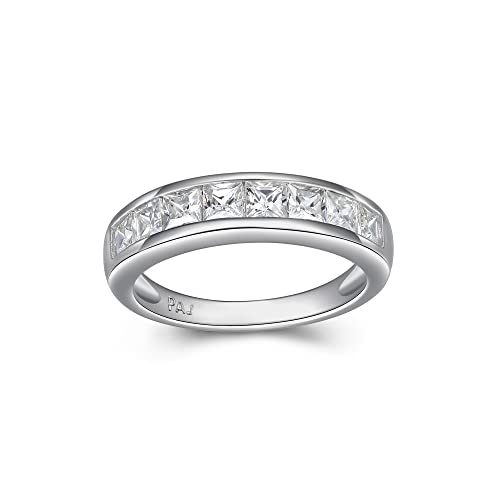MORGAN & PAIGE .925 Sterling Silver Platinum or 18K Gold Plated Anniversary Wedding Rings for Women - Classic Channel-Set Princess Cut Cubic Zirconia Ring, Stackable Wedding Bands for Women Size 5-9 - color: Platinum