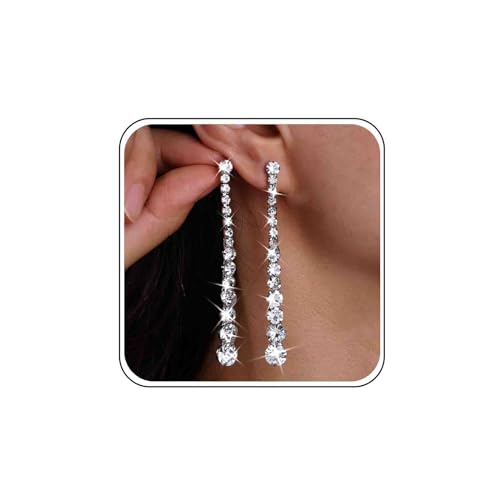 Wedding Long Rhinestone Earrings Silver Crystal Dangle Earring Diamond Cubic Zirconia Bridal Drop Sparkly Tassel Cz Brides Stud Shiny Statement Formal Bridesmaid Party Prom Jewelry Women