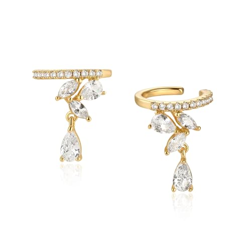 Bemoly Ear Cuff Earrings for Women 14K Gold Plated Cubic Zirconia Dangle Huggie Ear Cuffs Non Piercing | Clip On Cartilage - style: D-CZ flower-Pair