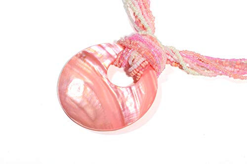 Coiris Multi Strand Statement Colorful Beaded Necklace with Big Circle Shell Pendant for Women - color: Pink