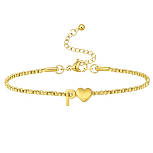 Gold Initial Bracelet for Women Dainty Personalized Name Bracelet | 14K Gold Plated, Letter A-Z Bracelet, Tiny Gold Initial Cute Heart Bracelet Jewelry Gift - color: P