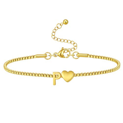 Gold Initial Bracelet for Women Dainty Personalized Name Bracelet | 14K Gold Plated, Letter A-Z Bracelet, Tiny Gold Initial Cute Heart Bracelet Jewelry Gift - color: P