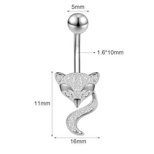 14G Surgical Stainless Steel Dangle Belly Button Rings for Women Belly Ring Dangling Piercing Jewelry CZ Snake lizard Skull Spider bat Halloween Party Punk Rock - style: Fox