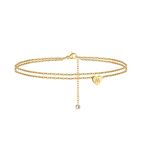 Heart Initial Ankle Bracelets for Women, 14K Gold Filled Handmade Dainty Layered Anklet Letter Initial Heart Ankle Bracelets for Women Beach Jewelry Gifts - style: M