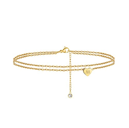 Heart Initial Ankle Bracelets for Women, 14K Gold Filled Handmade Dainty Layered Anklet Letter Initial Heart Ankle Bracelets for Women Beach Jewelry Gifts - style: M