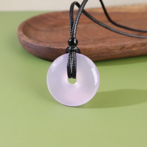 Anjiucc Natural Gemstone Pendant Necklce Lucky Coin Crystal Necklace Donut Pendnat with Adjustable Rope Healing Crystal for Men - color: Violet Chalcedony