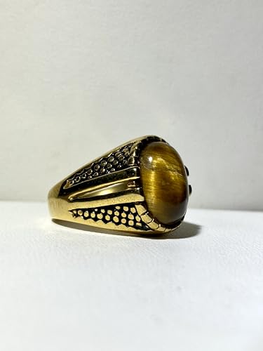 Men’s Gold Tiger Eye Ring – 14K Finish Stainless Steel Oval Gem Punk Biker Pinky Band, Vintage Retro Heavy Signet Jewelry