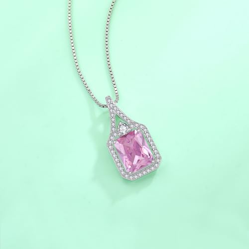 Created Gemstone Necklace 925 Sterling Silver Halo Rectangular Pendant Birthstone Necklaces Jewelry Gifts for Women - color: 10 October - Pink Tourmaline