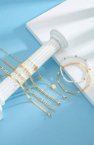 FAXHION Gold Anklets for Women Waterproof, Adjustable Boho Stacking Dangle Coin White Bead Cuban Link Chain Anklets Set, Summer Layered Beach Jewelry Gift for Women - color: Gold-Cuban Chain & Coin