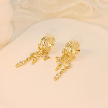 Clip On Earrings for Women Chain Moon Star Cross Hoop Dangle Earring No-Pierced Gold Silver - color: Moon,Gold tone