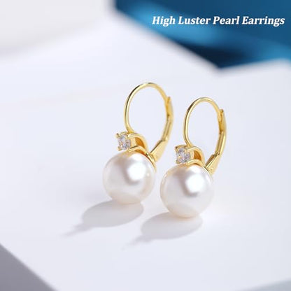 925 Sterling Silver Pearl Leverback Earrings for Women Cubic Zirconia Pearl Jewelry 10MM - color: A: Leverback-Yellow