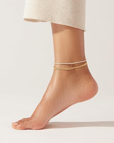 Robaice Adjustable Ankle Set for Women Waterproof, 14K Gold Plated | Layered Cuban, tennis, herringbone and clover chain styles, waterproof and non-tarnish for everyday wear or gifting - color: Mixed - Gold Cuban & Silver Tennis (2pcs)