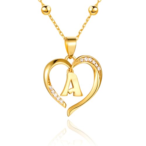 Cicy Bell Womens Heart Initial Necklace 18k Gold Plated | Personalized Letter Pendant, 17.7'' with 2'' Extender - color: Style 2-A-Gold