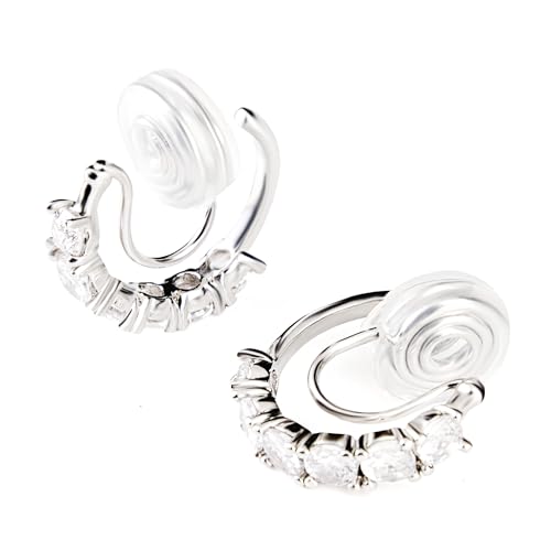 Clip-On Hoop Earrings for Women – White Gold Plated Non-Pierced Earrings with Cubic Zirconia – Adjustable Fake Piercing Earrings