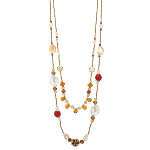 FULU AUTUMN Long Layered Beaded Necklaces for Women Statement Double Bead Strand Ceramic Flower Boho Jewelry Gifts for Mom - color: Brown