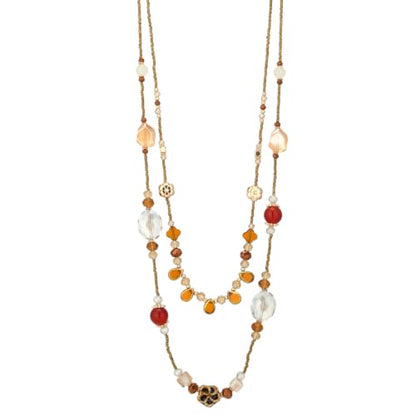 FULU AUTUMN Long Layered Beaded Necklaces for Women Statement Double Bead Strand Ceramic Flower Boho Jewelry Gifts for Mom - color: Brown