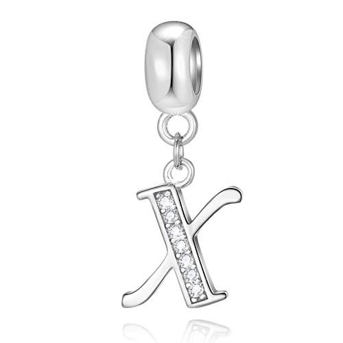 26 Letter Pendant Charms, Polished 925 Sterling Silver Complete Initial A-Z Dangling CZ Stone Alphabet Beads, fits European Bracelet Necklace, Gift for Mother/Father/Daughter/Son/Sister/Aunt - color: Letter X CZ Pendant Charm