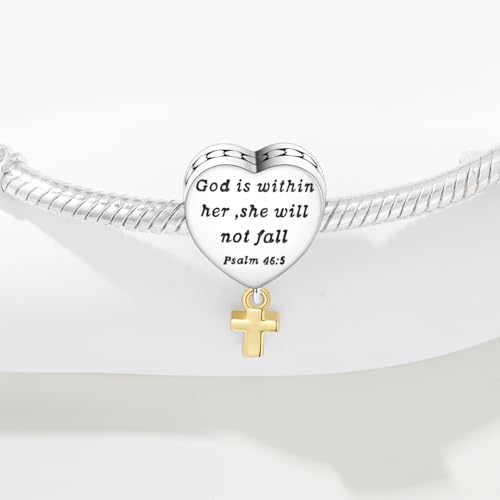 925 Sterling Silver Charms for Bracelets and Necklace Religious Cross Pendants Praying Hands, Bible, Virgin Mary, Jesus, Church Bead Jewelry - color: God is within Her She Will Not Fall