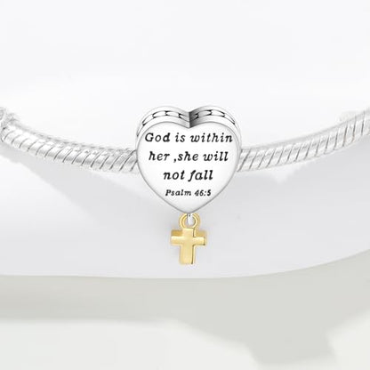 925 Sterling Silver Charms for Bracelets and Necklace Religious Cross Pendants Praying Hands, Bible, Virgin Mary, Jesus, Church Bead Jewelry - color: God is within Her She Will Not Fall