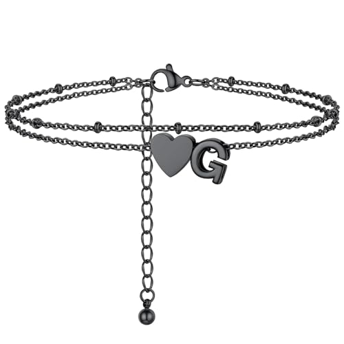 Initial Ankle Bracelets for Women, Dainty Stainless Steel Letter A-Z Layered Anklets, Heart Ankle Bracelet 8.5"-10.5" Adjustable, Summer Beach Jewelry, Come with Box - color: Black, size: G