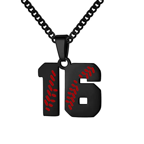 Hatti Doris Baseball Number Necklace for Men 00-99 - Jersey Number Necklace with Stainless Steel Gold Plated Chain & Baseball Charm Pendant - color: Black, style: 16
