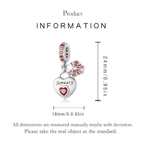 LNQOBU 925 Sterling Silve Heart-shaped Birthstone Charm for Bracelets, With 5A Cubic Zirconia Birthday Charms Dangle Pendant Bead for Pandora Bracelets - color: A-January