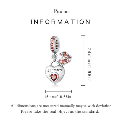 LNQOBU 925 Sterling Silve Heart-shaped Birthstone Charm for Bracelets, With 5A Cubic Zirconia Birthday Charms Dangle Pendant Bead for Pandora Bracelets - color: A-January