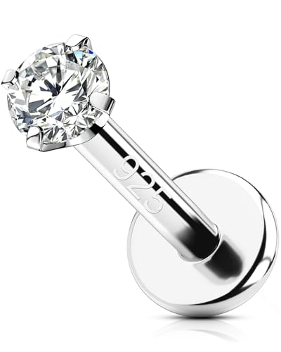 OUFER 925 Sterling Silver Flat Back Earrings, Clear CZ 16G Helix Piercing Jewelry, Silver Internally Threaded Cartilage Earrings Stud, Silver Lip Labret Rings for Women - color: Silver-2mm