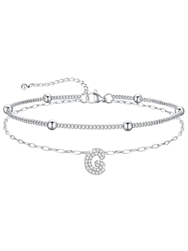 U7 Initial Ankle Bracelets for Women Silver/Gold Anklets Waterproof, 14K Gold Plated Layered Anklets Bracelet Stainless Steel Hypoallergenic 8.5"-10.5" - color: Silver-CZ, size: G