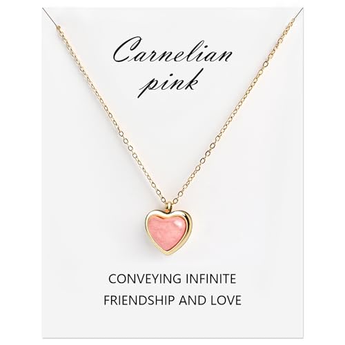 Red Heart Necklace Carnelian Necklace for Women, Red Stone Heart Pendant Necklace for Girls, Heart Jewelry as Cute Lover Necklace for Teen For Anniversary Birthday Gifts for Her - color: Pink Carnelian(gold)