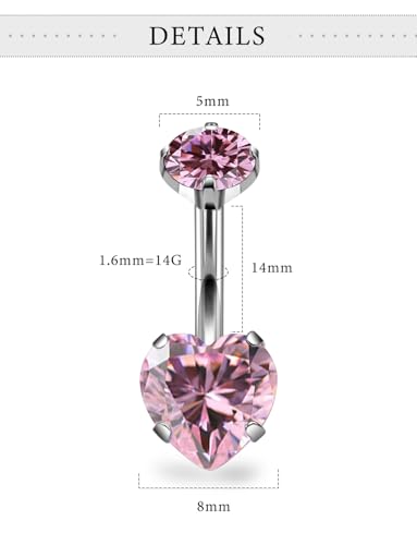Long Belly Button Rings Surgical Steel Belly Button Ring 14mm Navel Rings for Women 14G Long Bar Navel Piercing Jewelry Heart Crystal - color: 1pc,14g,14mm bar,pink