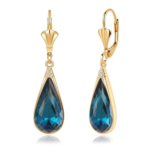 Teardrop Austrian Crystal Leverback Dangle Drop Earrings for Women | 14K Gold Plated,Classic Teardrop Elegance,Leverback for Easy Secure Wear,Gift Box Included, Brighten Up Daily and Party Looks - color: Dark Blue