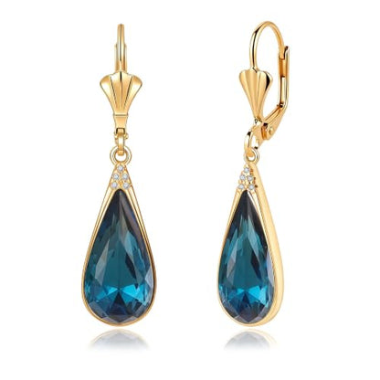 Teardrop Austrian Crystal Leverback Dangle Drop Earrings for Women | 14K Gold Plated,Classic Teardrop Elegance,Leverback for Easy Secure Wear,Gift Box Included, Brighten Up Daily and Party Looks - color: Dark Blue