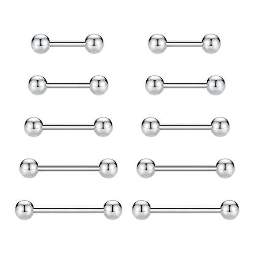 GAGABODY 5 Pairs Nipple & Tongue Rings - 14G Surgical Steel Screw Barbell - Straight, 12mm-20mm - color: Silver