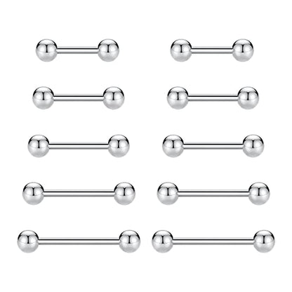 GAGABODY 5 Pairs Nipple & Tongue Rings - 14G Surgical Steel Screw Barbell - Straight, 12mm-20mm - color: Silver