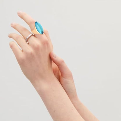 HAIXIAN Exaggerated Gemstone Ring,Big 14K Gold Plated Eye Shape Stone Chunky Statement Ring,Cocktail Party Ring Jewelry Gift for Women - color: A03_Azure