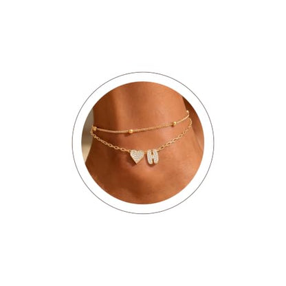 KeyStyle Heart Initial Ankle Bracelets for Women, Layered CZ A-Z Letter | 14K Gold Plated or Silver Stainless Steel Anklet, Hypoallergenic Waterproof Layered Jewelry for Daily Wear & Special Gifts - color: Gold-H
