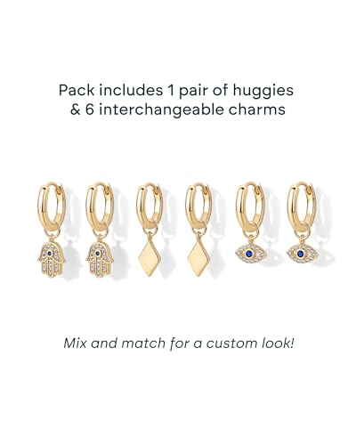 PAVOI 14K Gold Plated Huggie Earring Charms for Women - Mix and Match Huggie Hoop Earrings with Charms Pack - Dangle Dainty Motif Set with Cubic Zirconia, Heart, Cross, Pearl & Evil Eye Jewelry - Valentines Day Trendy Jewelry - style: Evil Eye