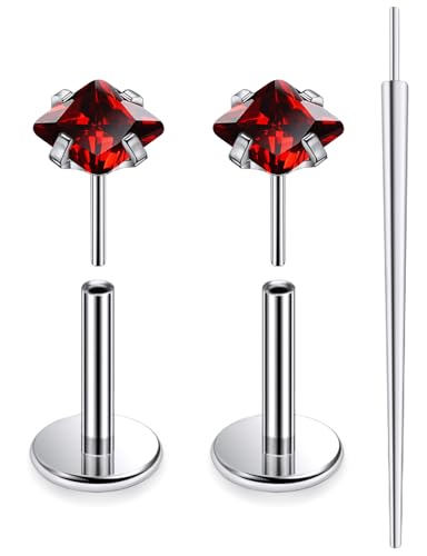 20G 18G 16G F136 Titanium Threadless Flat Back Earrings Nose Studs Tragus Forward Helix Conch Cartilage Lobe Earrings Medusa Labret Snake Bite Monroe Lip Ring Piercing Jewelry For Women Men - color: Red, size: 16G-6MM Bar-CZ 3MM