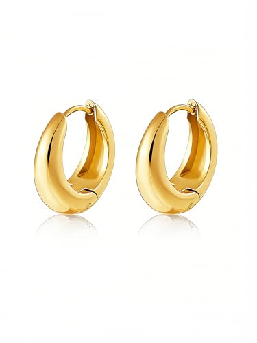 Chunky Small Hoop Earrings for Women 14mm/16mm/19mm Stainless Steel Huggie Earrings Everyday Jewelry Gift for Wife Mom, with Gift Box - color: Gold 19mm