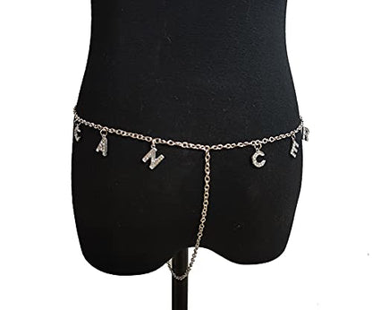 Women Sexy Rhinestone Waist Body Chain Crytal Sexy Letter Pendant Belly Waist Chain T-string Thong Body Jewelry - color: Cancer Letter
